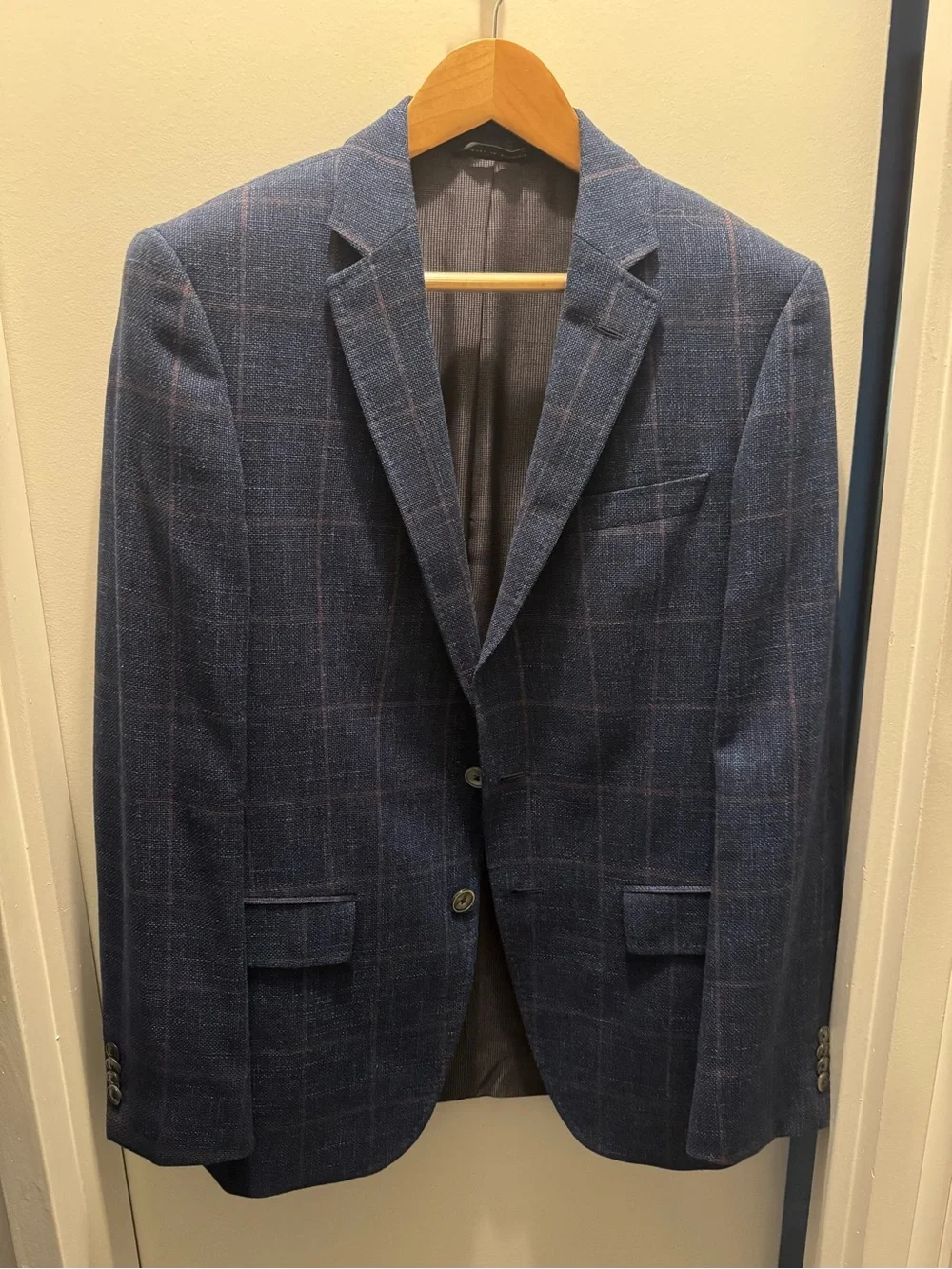 Hugo Boss Navy Blue Windowpane Sport Coat with Brown Check